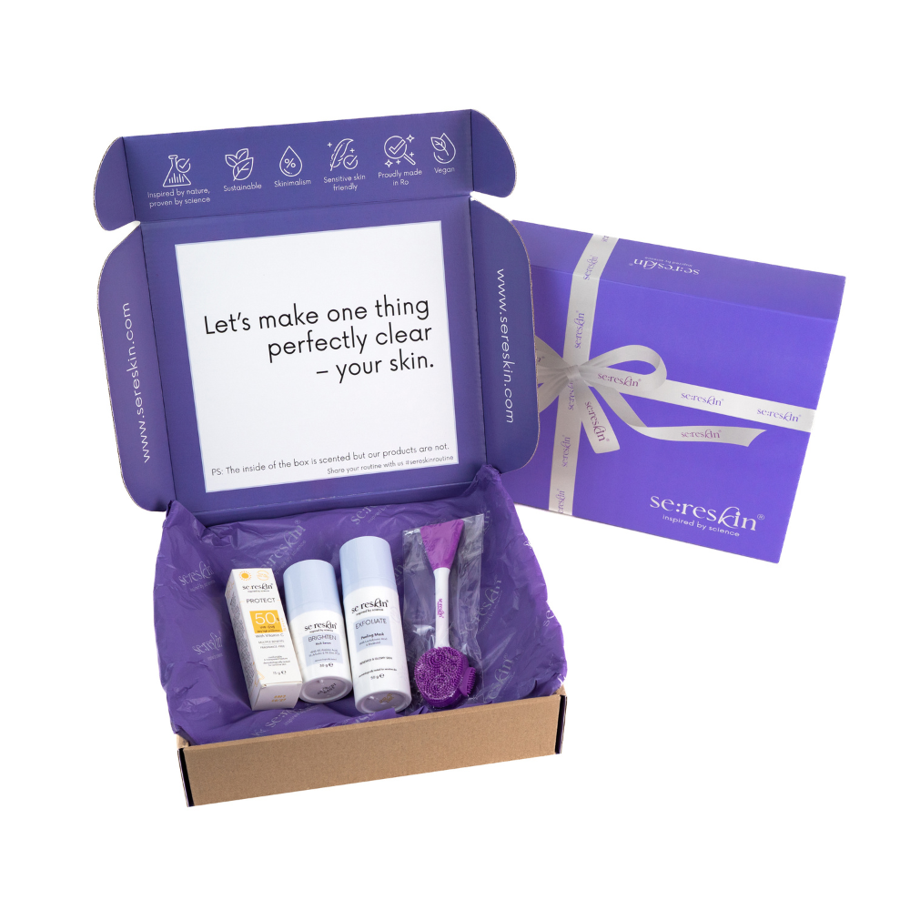 Kit anti-imperfectiuni cu ser Brighten+ masca Exfoliate+pensula+mini crema Protect SPF50+, 30+50+15g, Se:Reskin