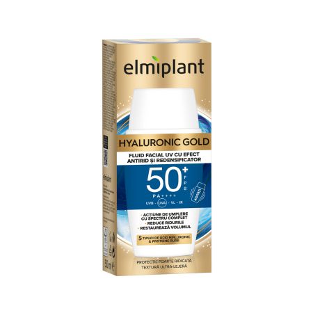 Fluid de fata antirid si redensificator cu SPF 50+ Hyaluronic Gold, 50 ml, Elmiplant