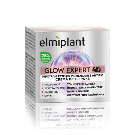 Crema de zi impotriva petelor pigmentare si antirid Glow Expert 4D, 50 ml, Elmiplant
