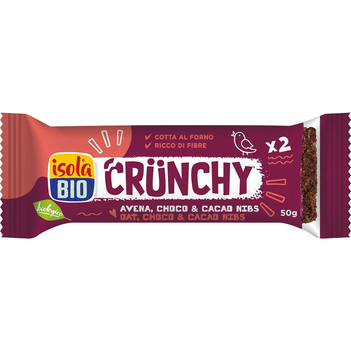 Baton Bio crocant cu ovaz, ciocolata si boabe de cacao, 50 g, Isola Bio