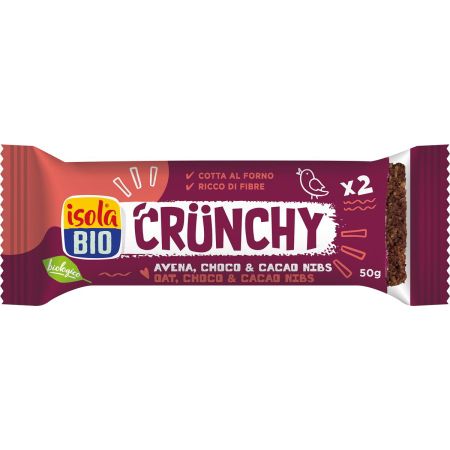 Baton Bio crocant cu ovaz, ciocolata si boabe de cacao, 50 g, Isola Bio