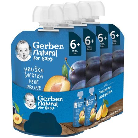 Pachet Piure de prune si pere, 6 luni+, 4 x 90 g, Gerber