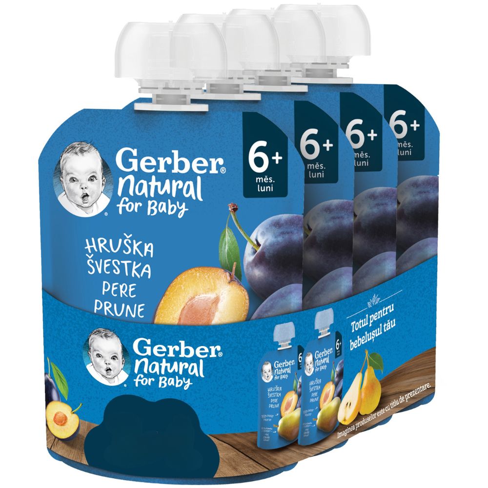 Pachet Piure de prune si pere, 6 luni+, 4 x 90 g, Gerber
