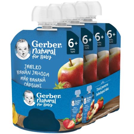 Pachet Piure de mar, banana si capsune, 6 luni+, 4 x 90 g, Gerber