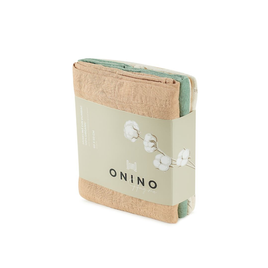 Muselina multifunctionala din bumbac 100% organic HUG.me, 60x60 cm, Pure Nature, 3 bucati, Onino