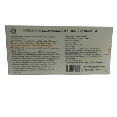 Ginkgo Biloba, Ginseng si Royal Jelly Extractum, 11 fiole x 10 ml, Tianran 745547