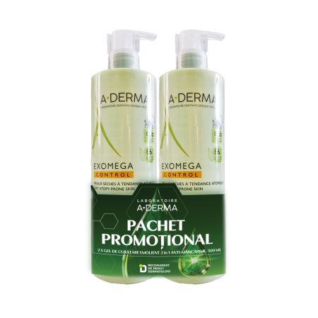 PAchet Gel de curatare 2-in-1 piele uscata cu tendinta atopica Exomega Control, 2x500 ml, A-Derma