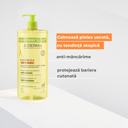 Ulei de dus emolient, piele uscata, piele atopica Exomega Control, 1 litru, A-Derma 746332