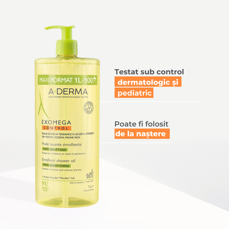 Ulei de dus emolient, piele uscata, piele atopica Exomega Control, 1 litru, A-Derma 746333
