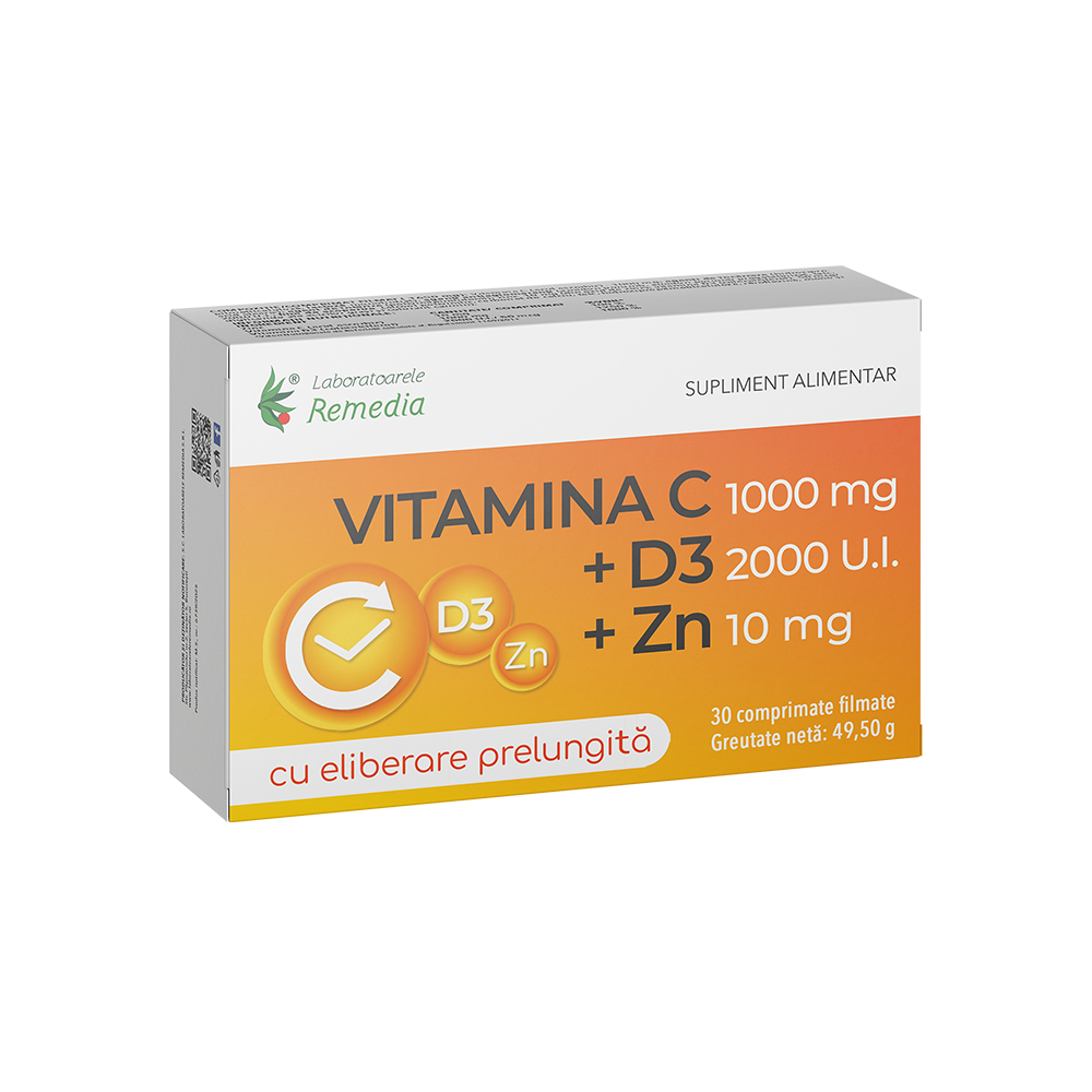 Vitamina C+D3+Zinc cu eliberare prelungita, 30 comprimate filmate, Laboratoarele Remedia