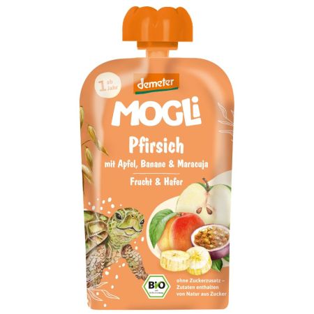 Piure Bio cu piersici, banane, mere, fructul pasiunii si ovaz, 1 an+, 100 g, Mogli