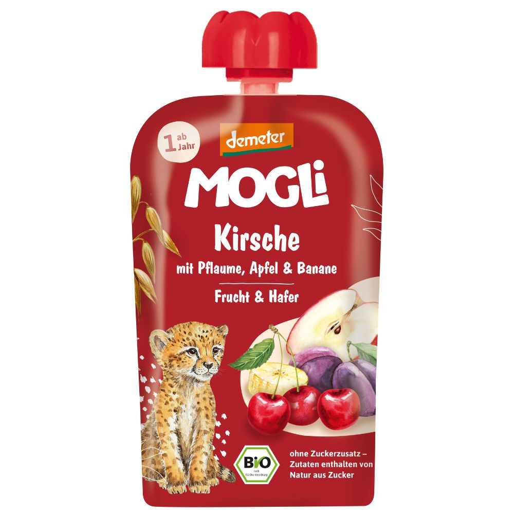 Piure Bio cu visine, prune, banane, mere si ovaz, 1 an+, 100 g, Mogli