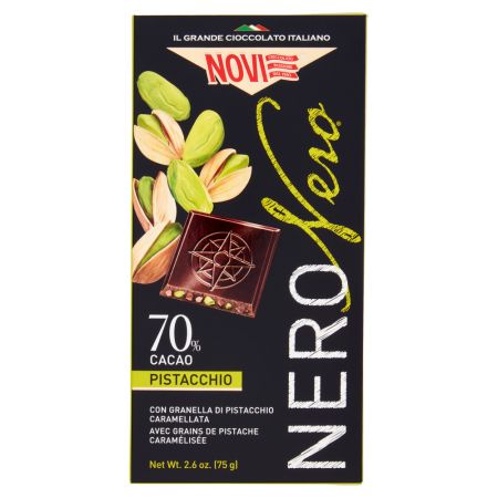 Ciocolata extra neagra cu 70% cacao si boabe de fistic crocant, 75 g, Novi