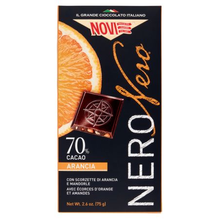 Ciocolata extra neagra cu 70% cacao, coji de portocale si migdale prajite, 75 g, Novi