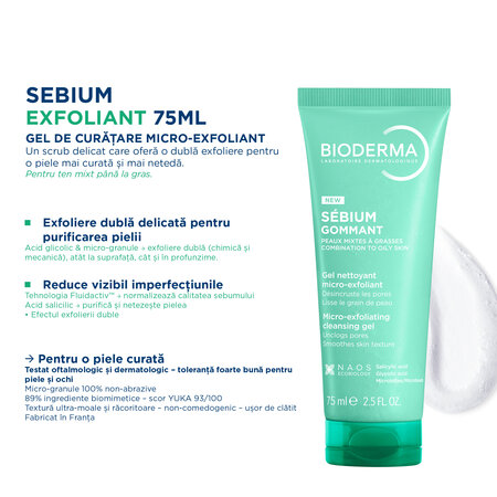 Gel exfoliant Sebium, 75 ml, Bioderma 794003