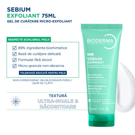 Gel exfoliant Sebium, 75 ml, Bioderma 794002