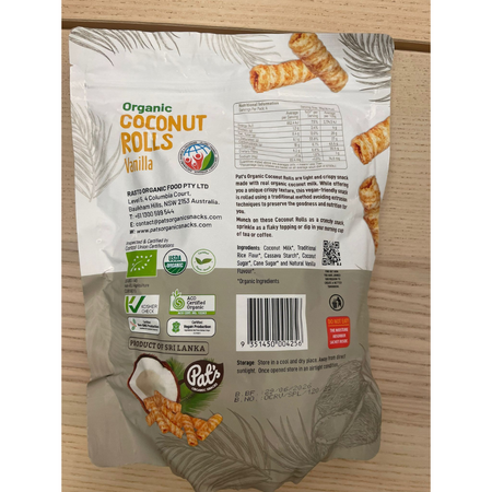 Rulouri crocante organice din nuca de cocos cu vanilie, 140 g, Pat’s 747349