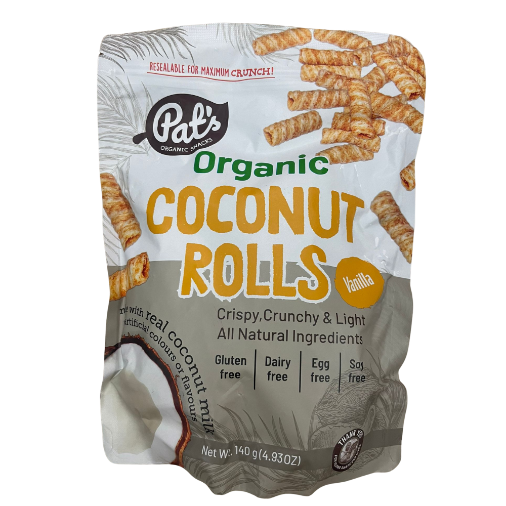 Rulouri crocante organice din nuca de cocos cu vanilie, 140 g, Pat’s