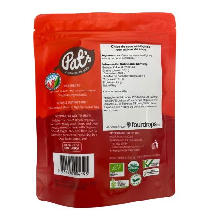 Chipsuri organice din nuca de cocos cu zahar de cocos, 60 g, Pat’s 747354