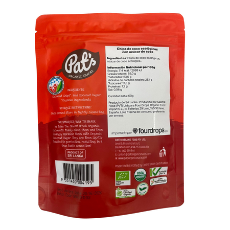 Chipsuri organice din nuca de cocos cu zahar de cocos, 60 g, Pat’s 747354