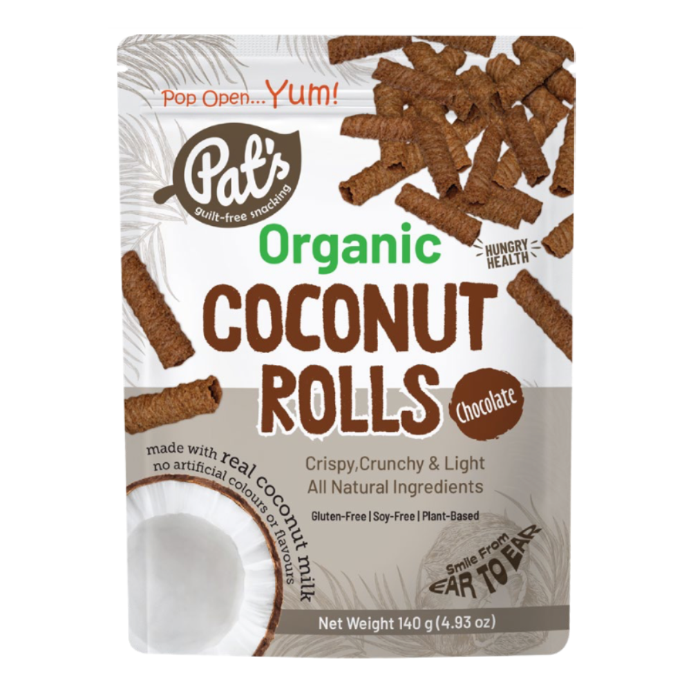 Rulouri crocante organice din nuca de cocos cu ciocolata, 140 g, Pat’s