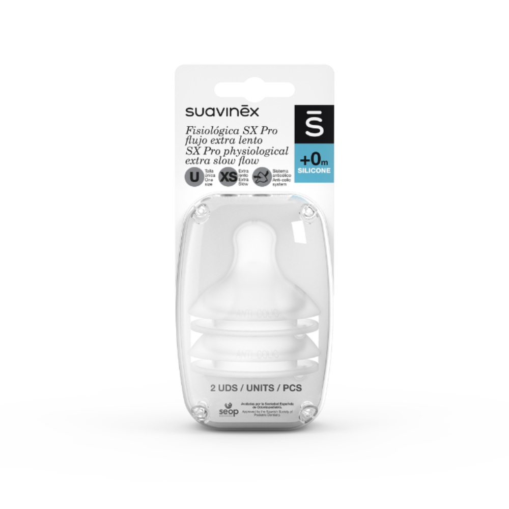 Tetine pentru biberon cu debit extra lent SX Pro, 0 luni+, 2 bucati, Suavinex