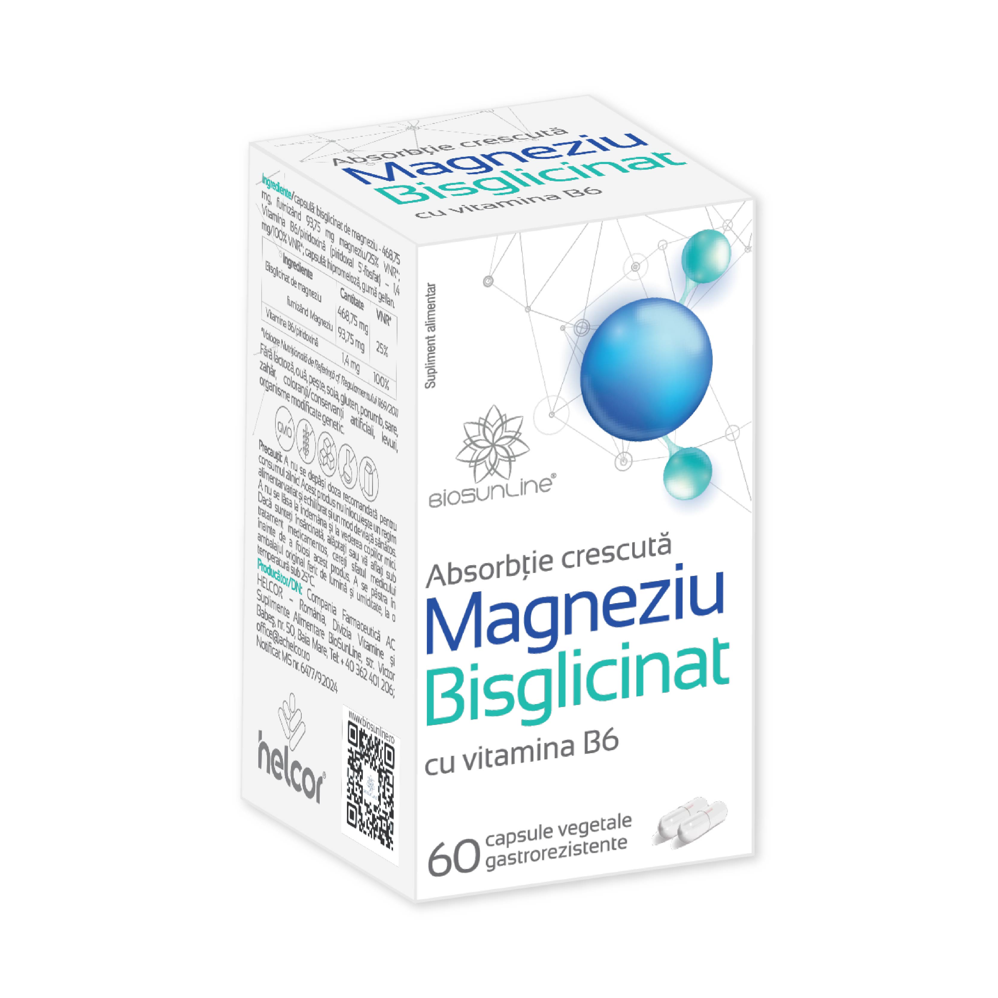 Magneziu Bisglicinat cu Vit B6, 60 capsule vegetale gastrorezistente, BioSunLine