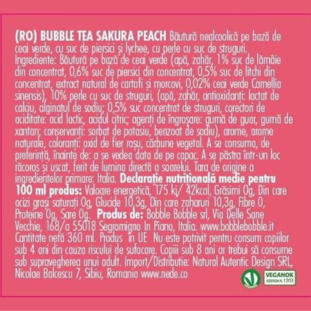 Bautura pe baza de ceai, Sakura Peach, 360 ml, BOB Bubble tea 749048