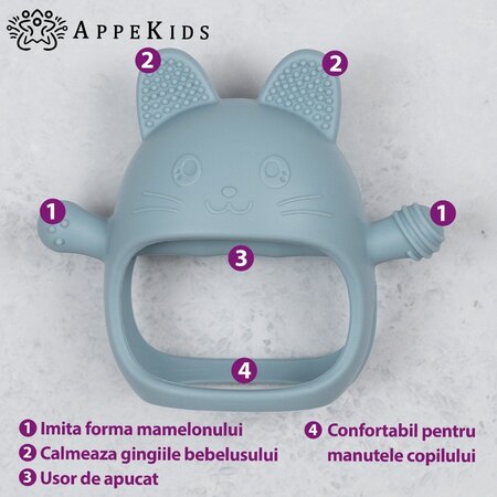Jucarie de dentitie din silicon, Aqua Blue, Manusa Kitty, 3 luni+, Appekids 749192