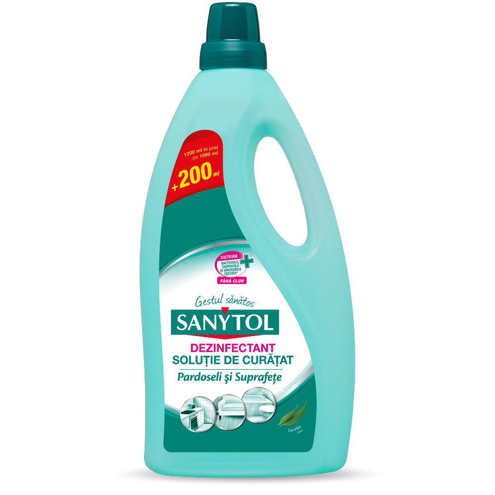 Solutie de curatat Pardoseli si Suprafete Dezinfectant, 1 litru + 200 ml, Sanytol