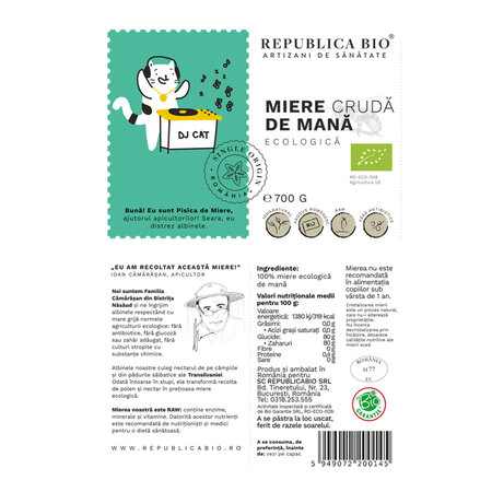 Miere cruda de Mana Eco, 700 g, Republica Bio 762385