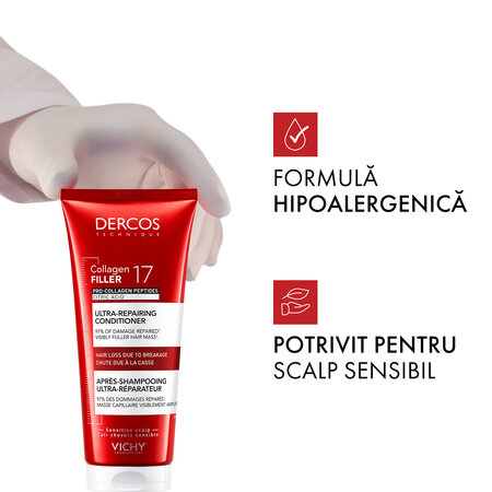 Balsam ultra reparator cu Peptide Pro-Colagen si Acid Citric Dercos Collagen 17 Filler, 200 ml, Vichy 749871
