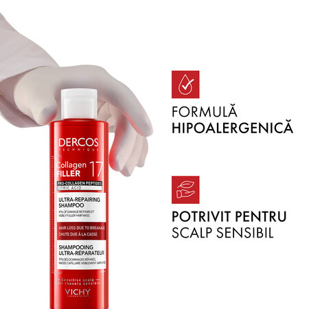 Sampon ultra reparator pentru par deteriorat si fragil Dercos Collagen 17 Filler, 200 ml, Vichy 749907