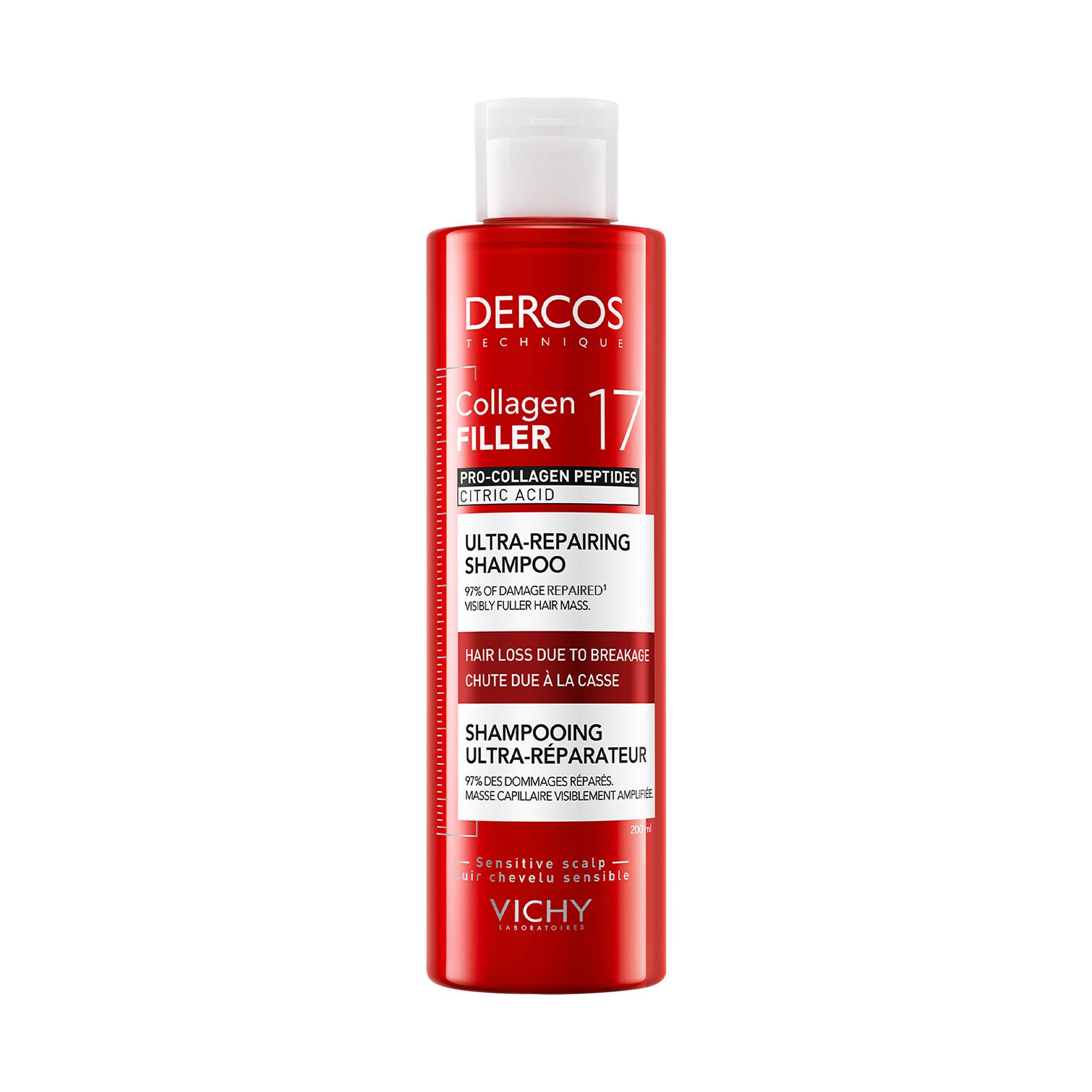 Sampon ultra reparator pentru par deteriorat si fragil Dercos Collagen 17 Filler, 200 ml, Vichy