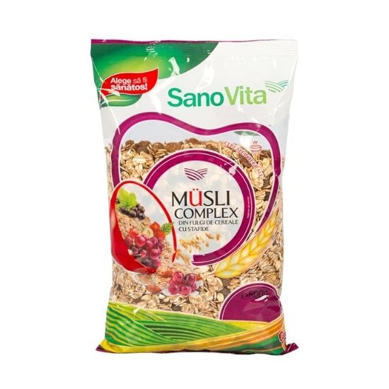 Musli complex fulgi cereale cu stafide, 500gr, Sanovita