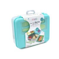 Cutie pentru pranz cu 2 niveluri si tacamuri Bento, Blue Mint Lime, Melii