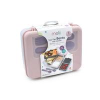 Cutie pentru pranz cu 2 niveluri si tacamuri Bento, Pink Purple Grey, Melii