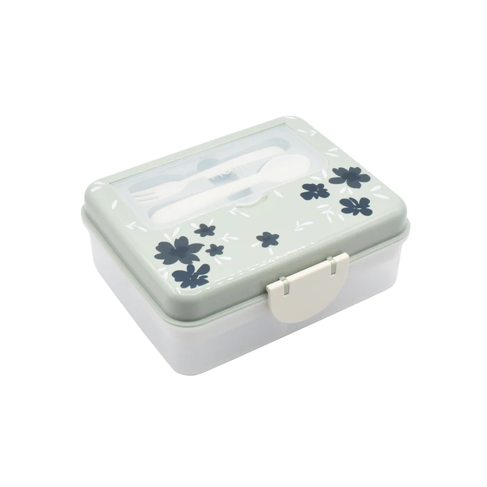 Cutie pentru pranz cu 2 niveluri si tacamuri Bento, Sage with Blue Flowers, Melii