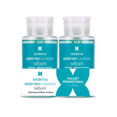 Pachet apa lipozomala pentru curatare si demachiere Sensyses Sebum, 2x200 ml, Sesderma