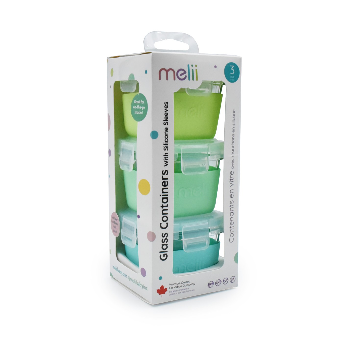 Set 3 recipiente din sticla cu husa antiderapanta, Blue/Mint/Lime, 3 x 160 ml, Melii
