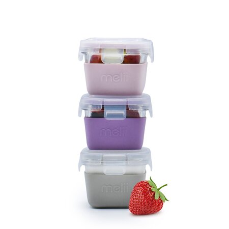 Set 3 recipiente din sticla cu husa antiderapanta, Roz/Mov/Gri, 3 x 160 ml, Melii 751200