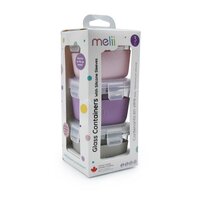 Set 3 recipiente din sticla cu husa antiderapanta, Roz/Mov/Gri, 3 x 160 ml, Melii