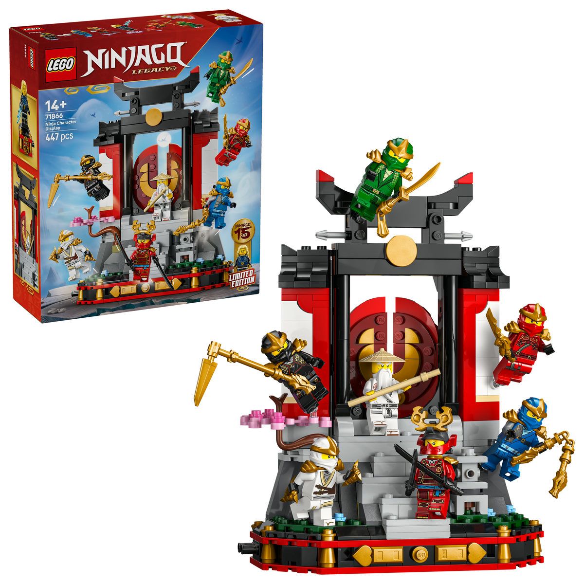 Model pentru etalare cu personaje ninja la a 15-a aniversare, 14 ani+, 71866, 447 piese, Lego Ninjago