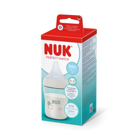 Biberon cu tetina din silicon flux S Perfect Match, Alb, 0 luni+, 150 ml, Nuk