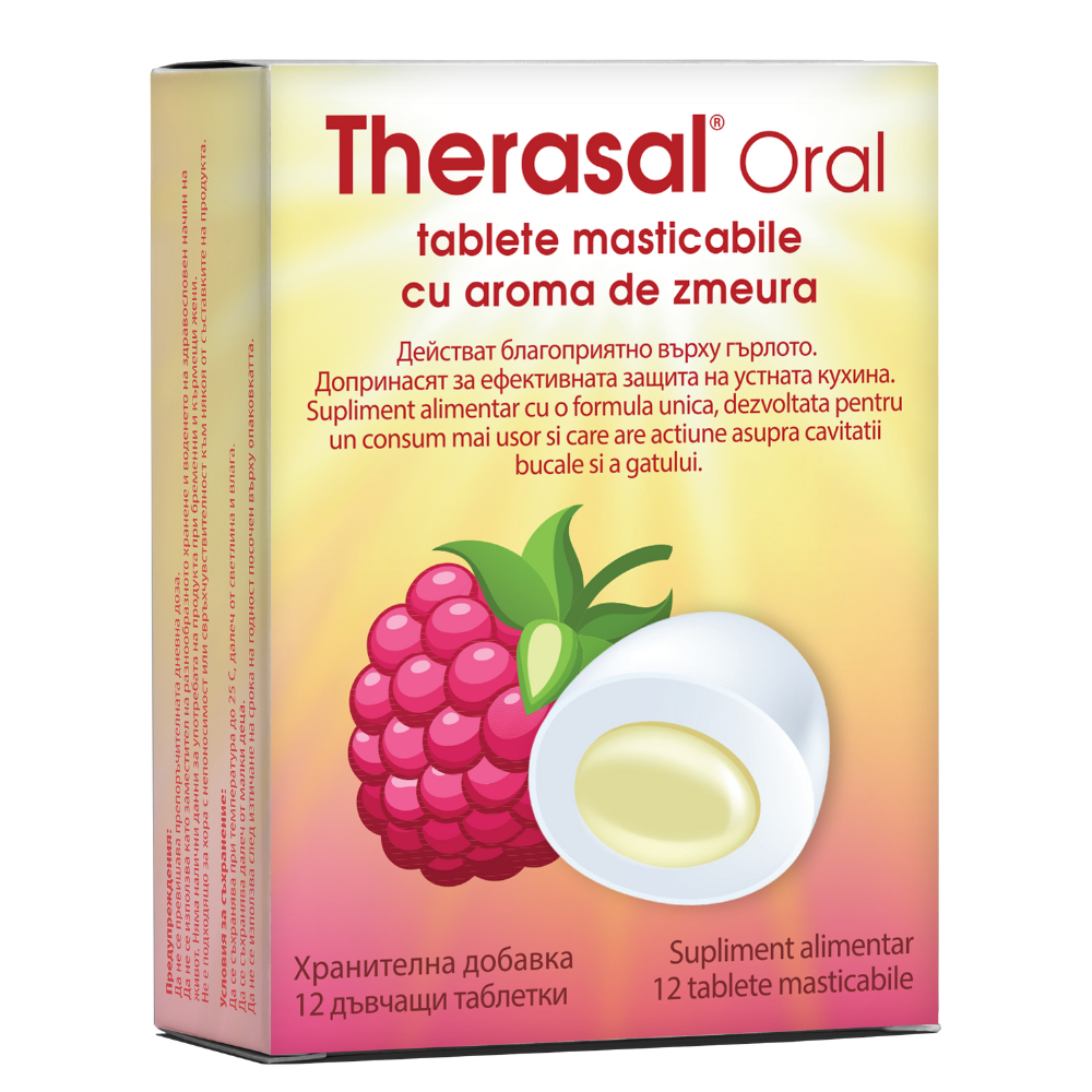 Tablete masticabile cu aroma de zmeura Therasal Oral, 12 tablete, Vedra
