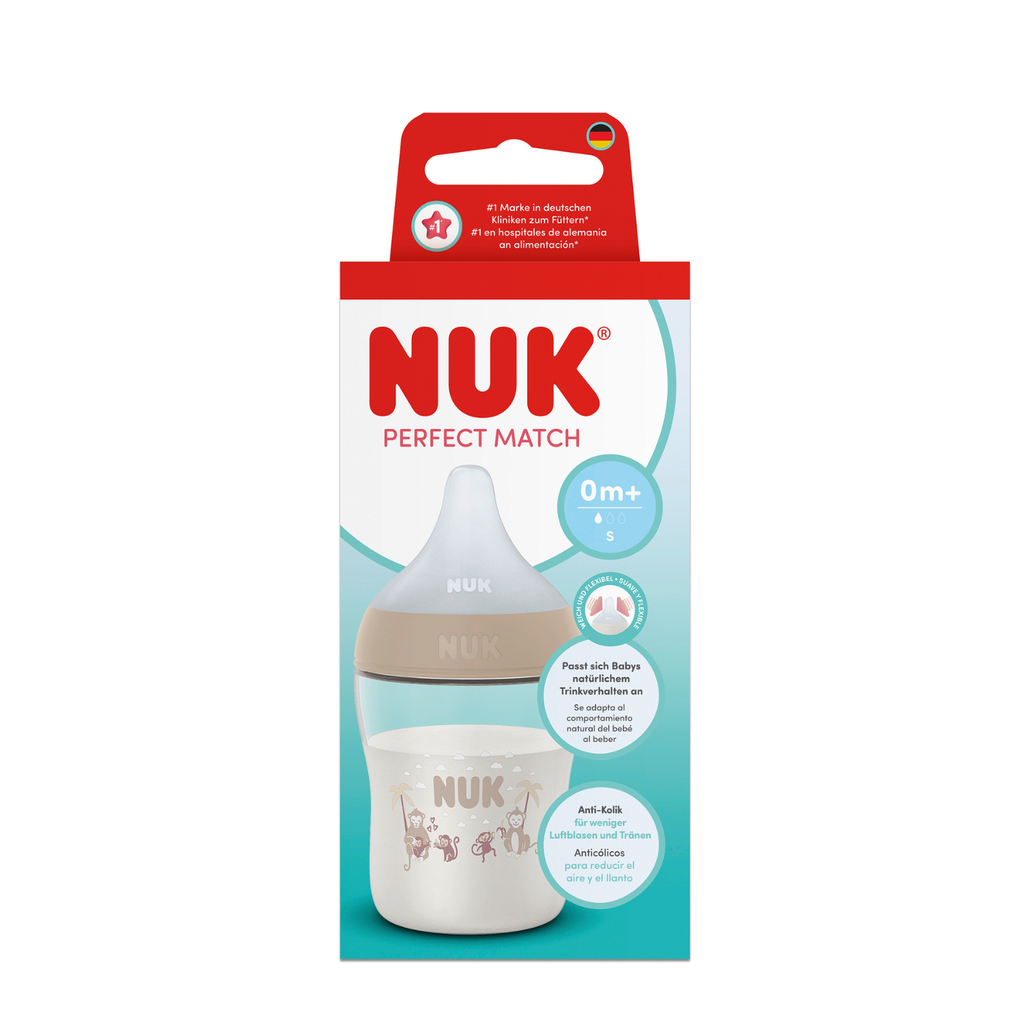 Biberon cu tetina din silicon flux S Perfect Match, Bej, 0 luni+, 150 ml, Nuk