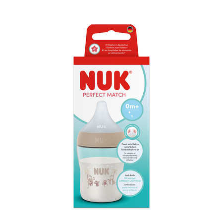 Biberon cu tetina din silicon flux S Perfect Match, Bej, 0 luni+, 150 ml, Nuk