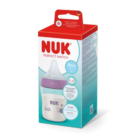 Biberon cu tetina din silicon flux S Perfect Match, Roz, 0 luni+, 150 ml, Nuk