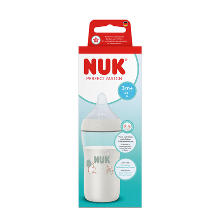 Biberon cu tetina din silicon flux M Perfect Match, Alb, 3 luni+, 260 ml, Nuk