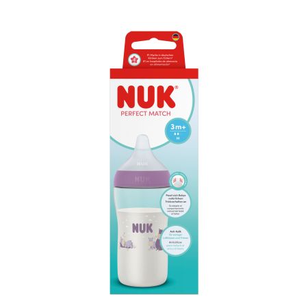 Biberon cu tetina din silicon flux M Perfect Match, Roz, 3 luni+, 260 ml, Nuk